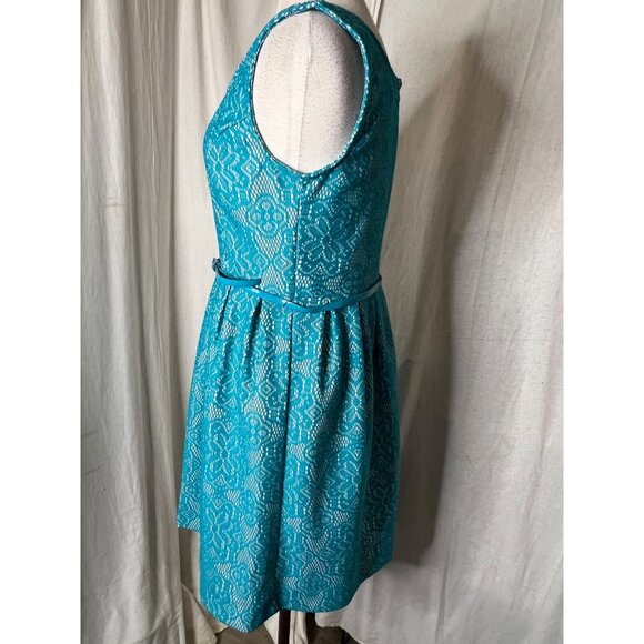 George Women's Teal Lace Dress With Belt  Size L Midi Summer - Picture 7 of 13